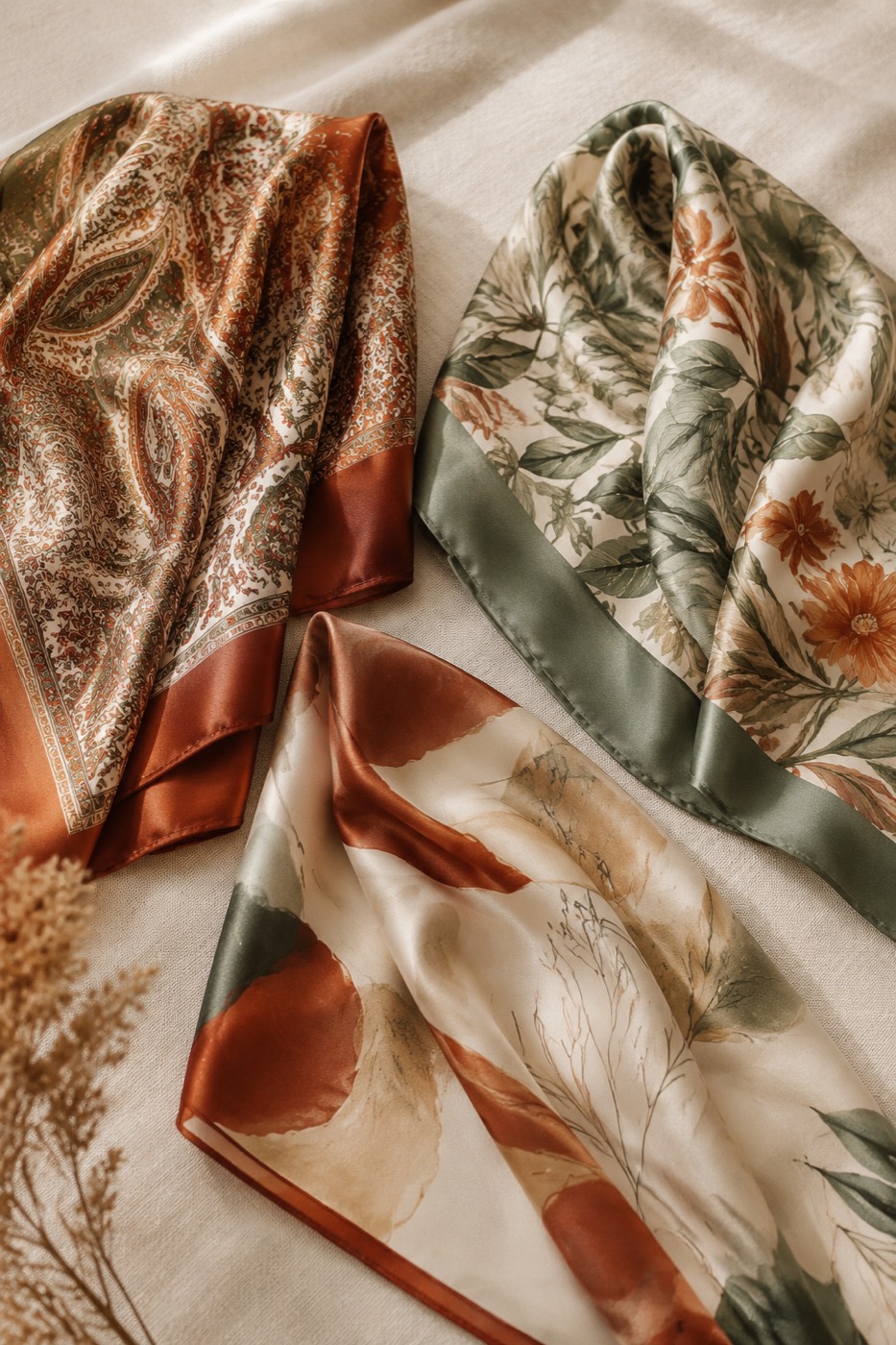 Silk Scarf Trio — Terracotta Paisley · Sage Botanical · Cream Abstract